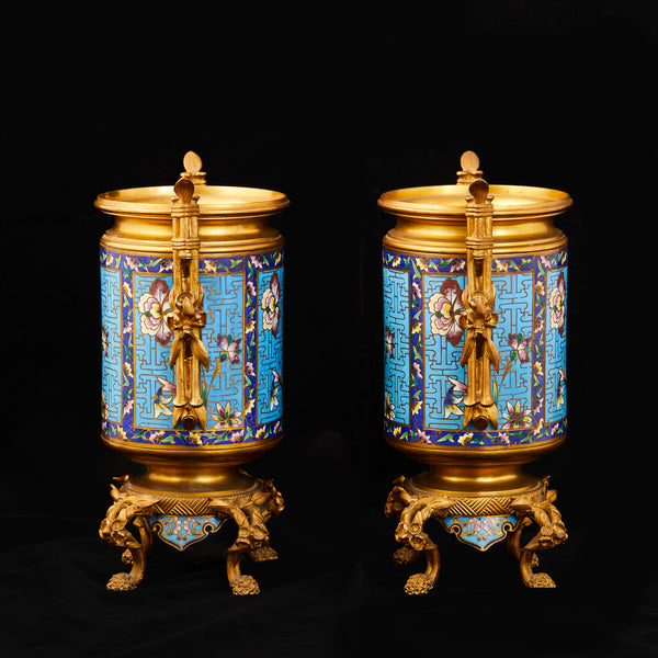 A Pair of French Aesthetic Movement Japonaise Gilded Bronze Urns
