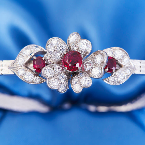 Rene Kern Vintage White Gold Ruby & Diamond Flower Bracelet