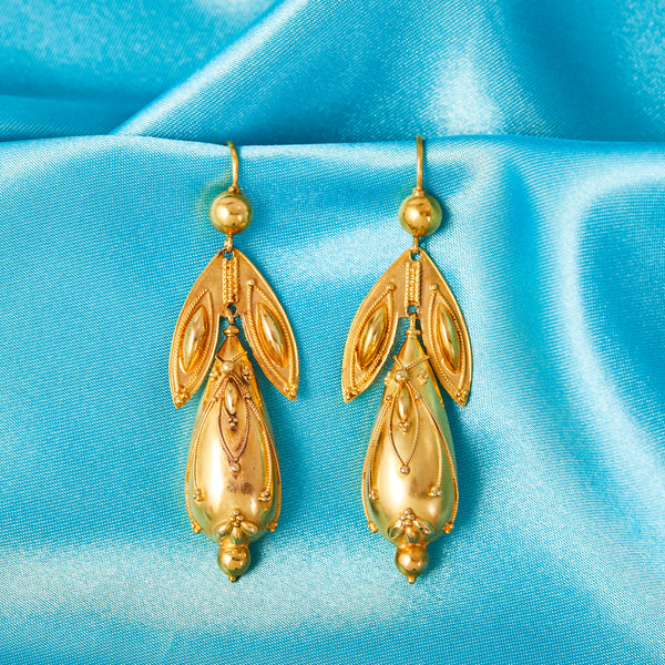 Etruscan Revival Victorian Gold Drop Earrings