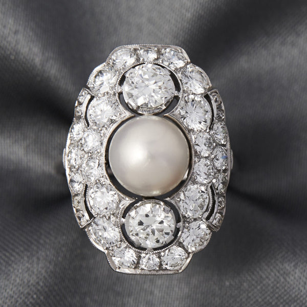 Art Deco Platinum Pearl & Diamond Ring