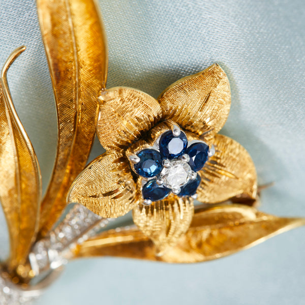 Vintage Sapphire and Diamond Flower Brooch