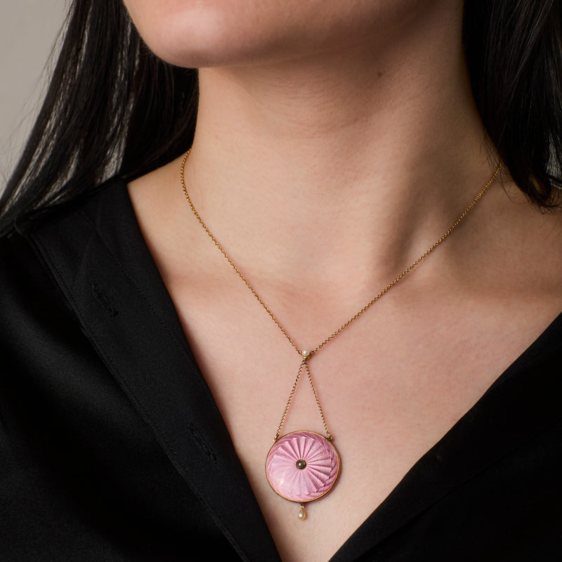 Edwardian 9ct Pink Enamel Guilloche & Pearl Pendant, Circa 1910