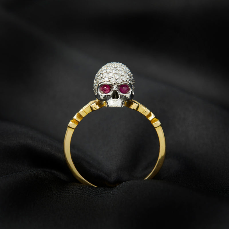 'Catacomb Saints' 18ct Gold Ring with Diamonds & Ruby Eyes