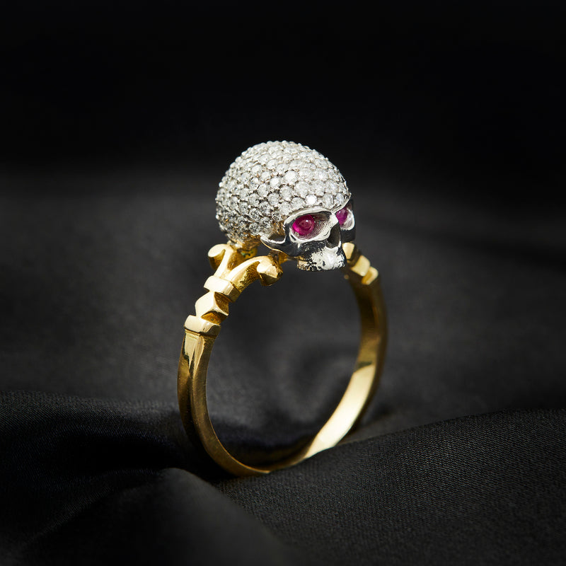 'Catacomb Saints' 18ct Gold Ring with Diamonds & Ruby Eyes