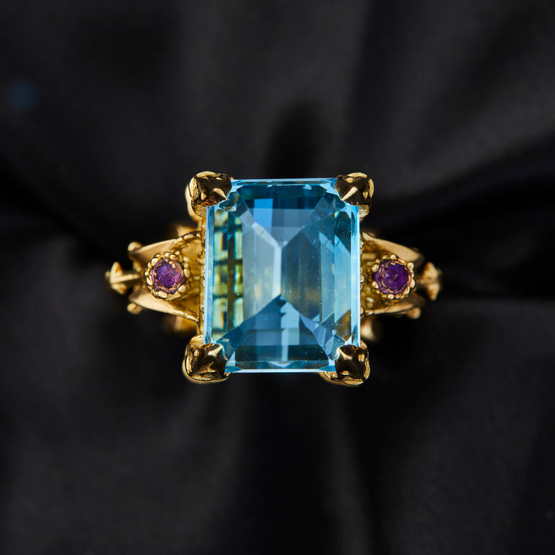 'La Gargouille Cathedral' 18ct Yellow Gold Blue Topaz & Amethyst Ring