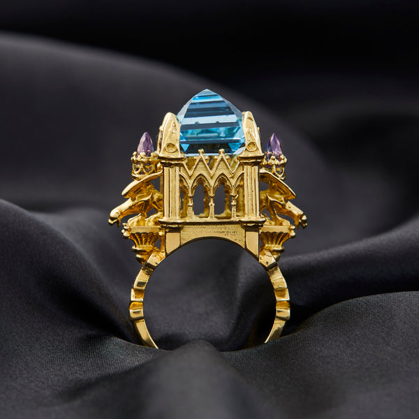 'La Gargouille Cathedral' 18ct Yellow Gold Blue Topaz & Amethyst Ring