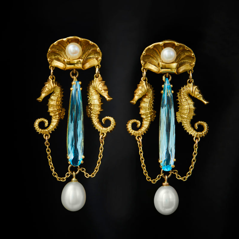 'Amphitrites Tears' 18ct Yellow Gold, Blue Topaz & Pearl Drop Earrings