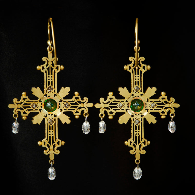 'Crux Gemmata' 18ct Yellow & Rose Gold Tsavorite Garnet & Diamond Drop Earrings