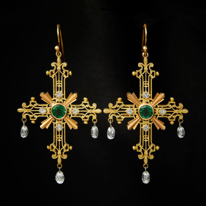 'Crux Gemmata' 18ct Yellow & Rose Gold Tsavorite Garnet & Diamond Drop Earrings