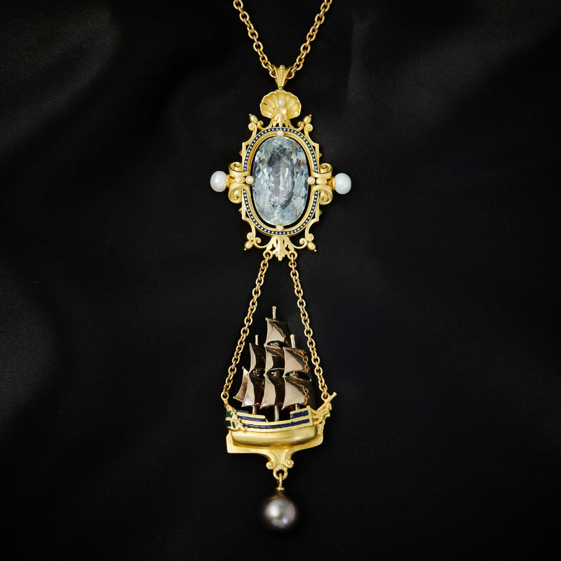 'Archimedes Mirror' 18ct Rose, White & Yellow Gold Aquamrine, Pearl & Diamond Pendant