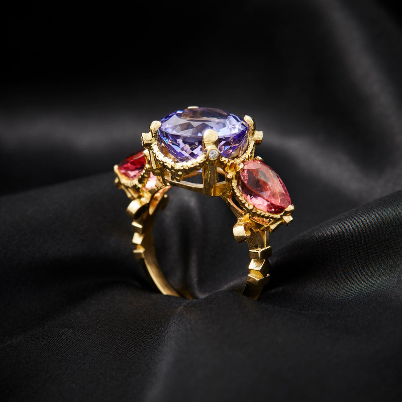 'Roses of Heliogobalus' 18ct Gold Tanzanite, Tourmaline & Diamond Ring