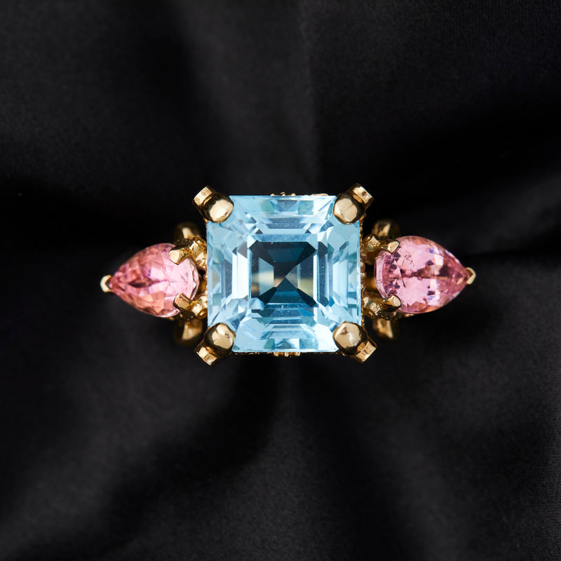 'Fluoresence Garland' 9ct Yellow Gold, Blue Topaz, Tourmaline & Diamond Ring