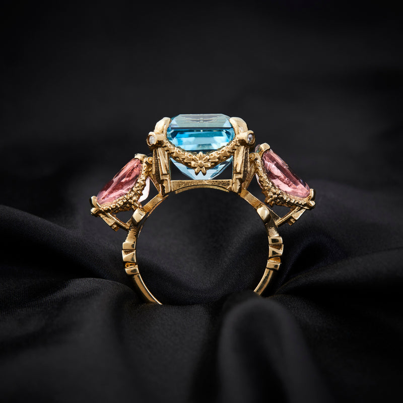 'Fluoresence Garland' 9ct Yellow Gold, Blue Topaz, Tourmaline & Diamond Ring