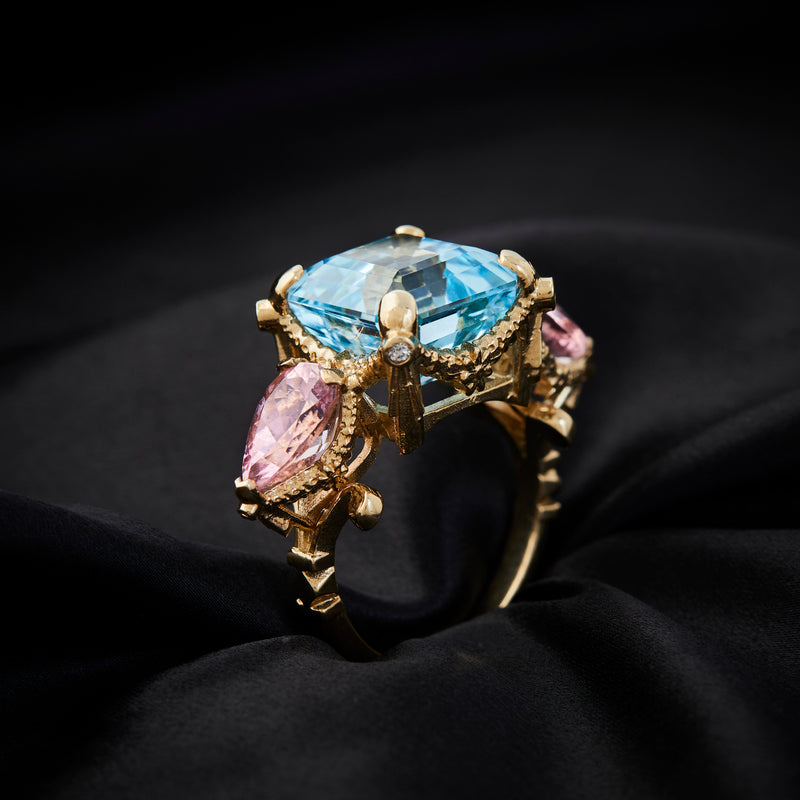 'Fluoresence Garland' 9ct Yellow Gold, Blue Topaz, Tourmaline & Diamond Ring