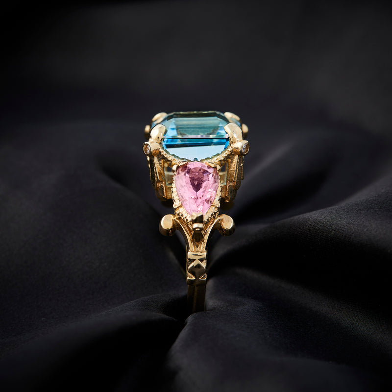 'Fluoresence Garland' 9ct Yellow Gold, Blue Topaz, Tourmaline & Diamond Ring