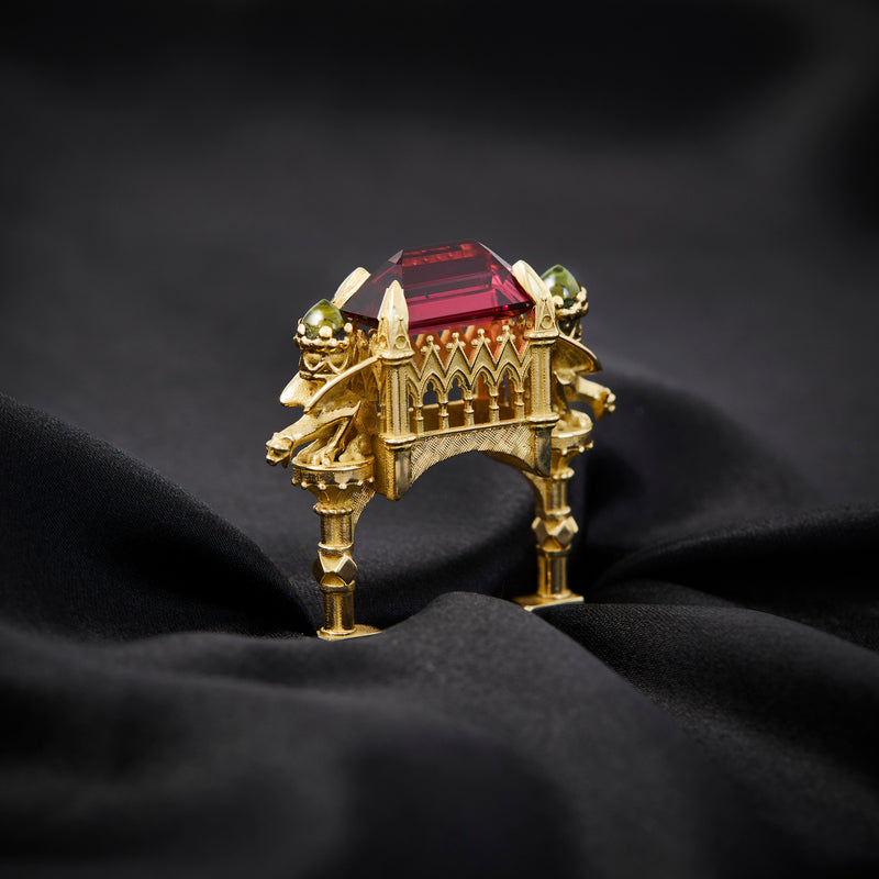'Protected Sanctum' 18ct Yellow Gold Garnet & Peridot Ring