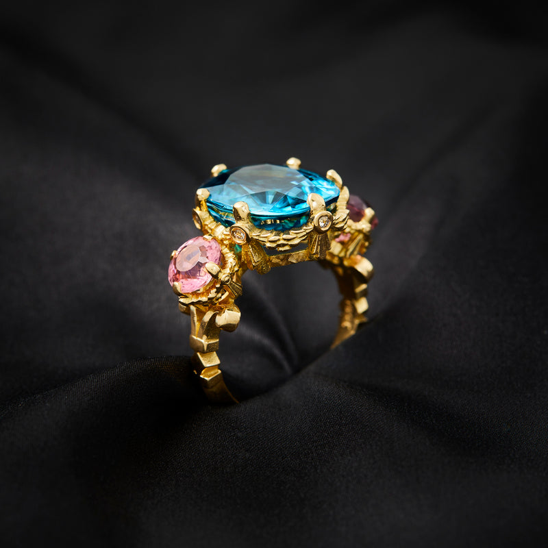 'Apotheose D'Hercule' 18ct Yellow Gold Blue Zircon, Tourmaline & Diamond Ring