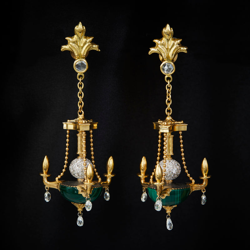 'Opulent Chandelier' 18ct Yellow Gold Malachite & Diamond Earrings