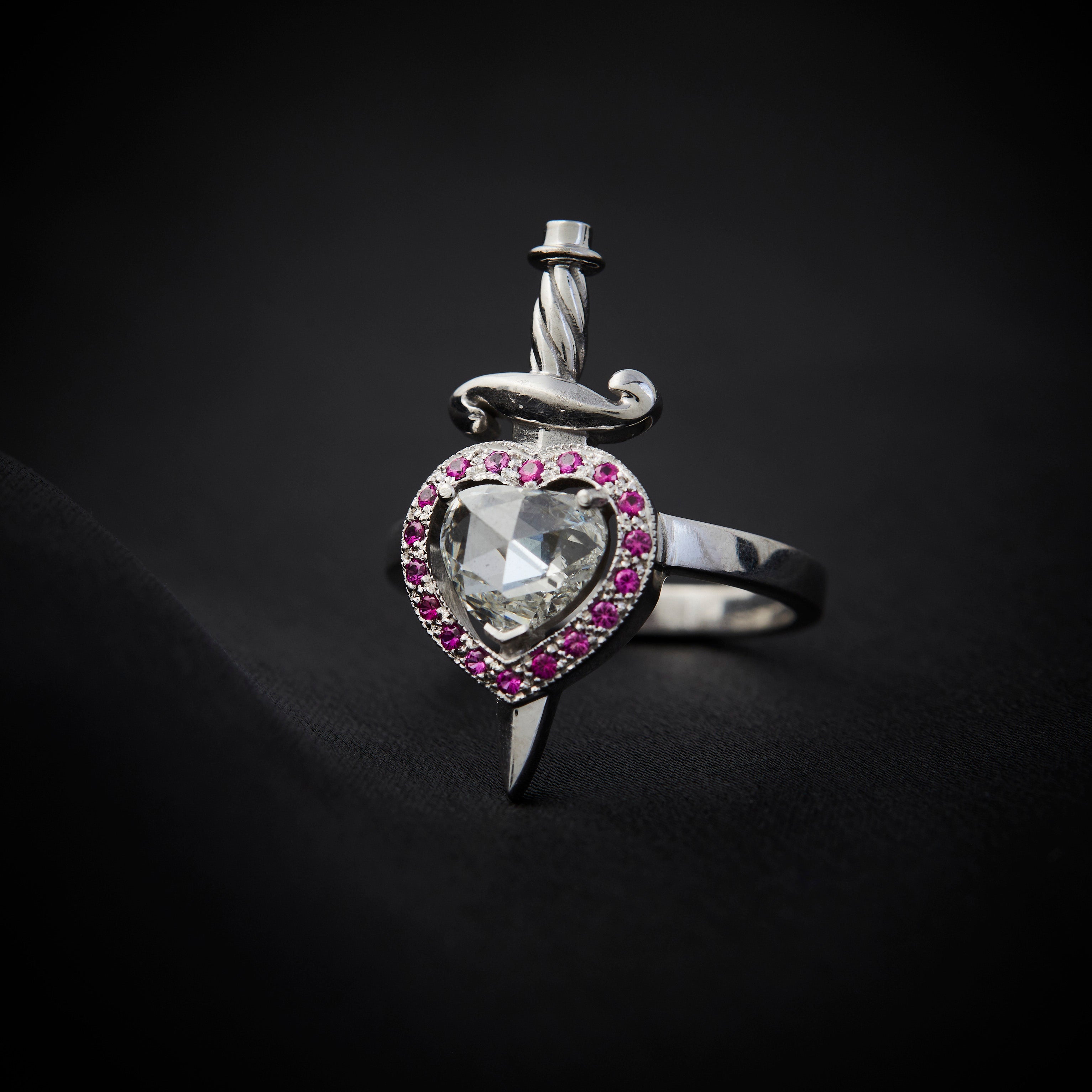 'Heart & Dagger' 18ct White Gold Diamond & Ruby Ring – frenchjewelbox