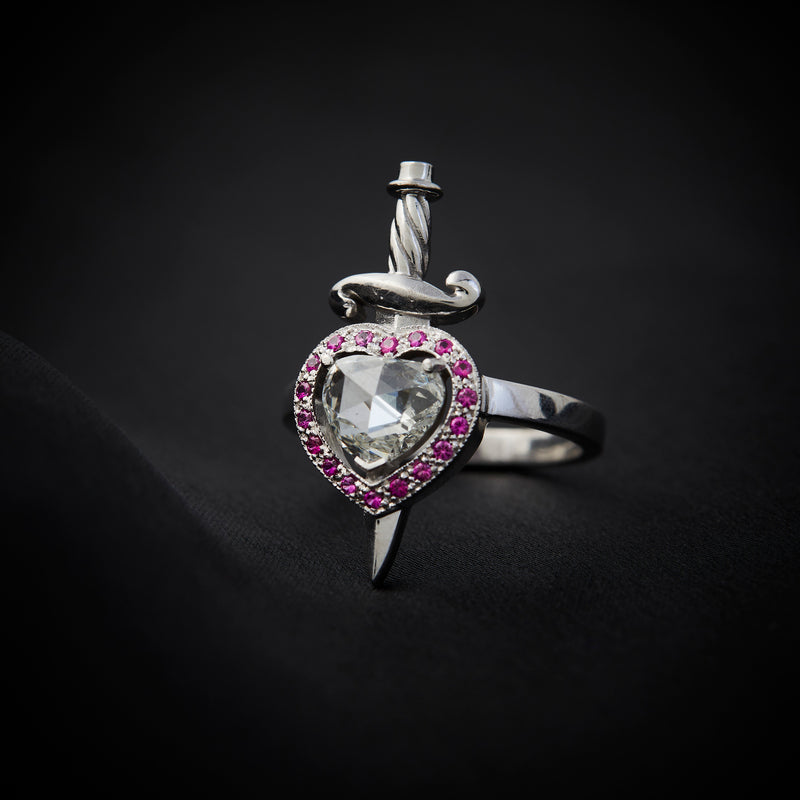 'Heart & Dagger' 18ct White Gold Diamond & Ruby Ring