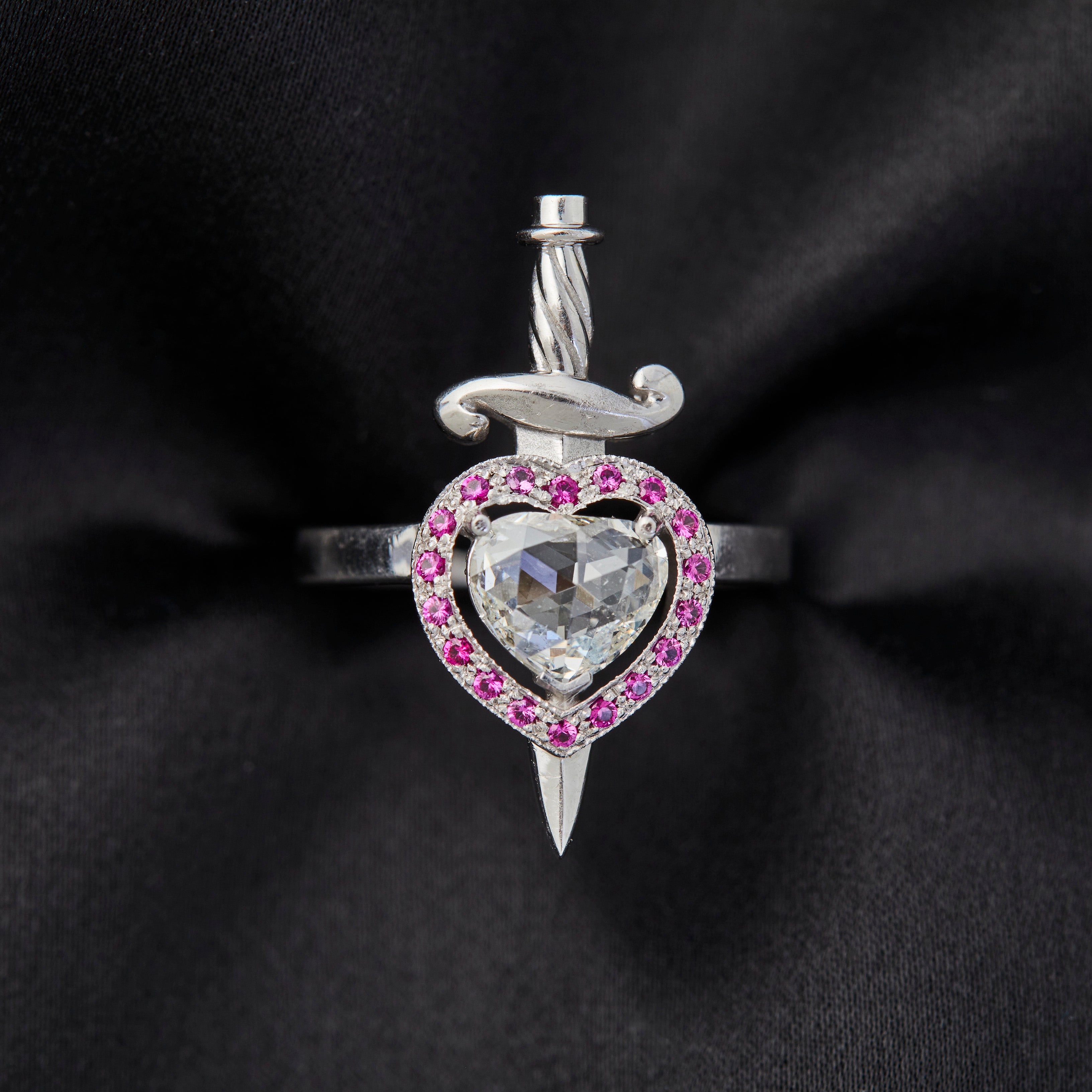 'Heart & Dagger' 18ct White Gold Diamond & Ruby Ring – frenchjewelbox
