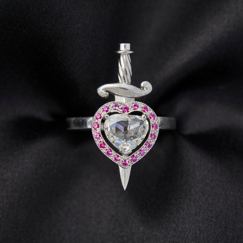 'Heart & Dagger' 18ct White Gold Diamond & Ruby Ring
