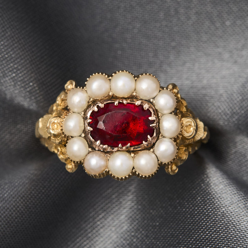 Early Victorian 18ct Yellow Gold Red Paste & Pearl Ring, Circa 1845