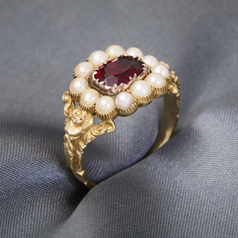 Early Victorian 18ct Yellow Gold Red Paste & Pearl Ring, Circa 1845