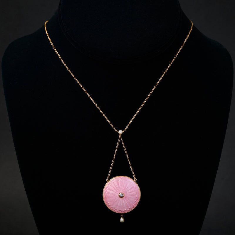 Edwardian 9ct Pink Enamel Guilloche & Pearl Pendant, Circa 1910