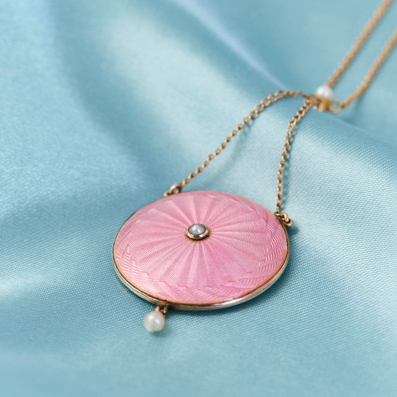 Edwardian 9ct Pink Enamel Guilloche & Pearl Pendant, Circa 1910
