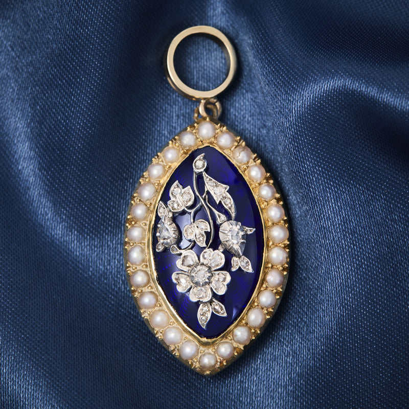 Georgian Bristol Blue Enamel 18ct Gold & Silver Diamond & Pearl Pendant, Circa 1780-1820