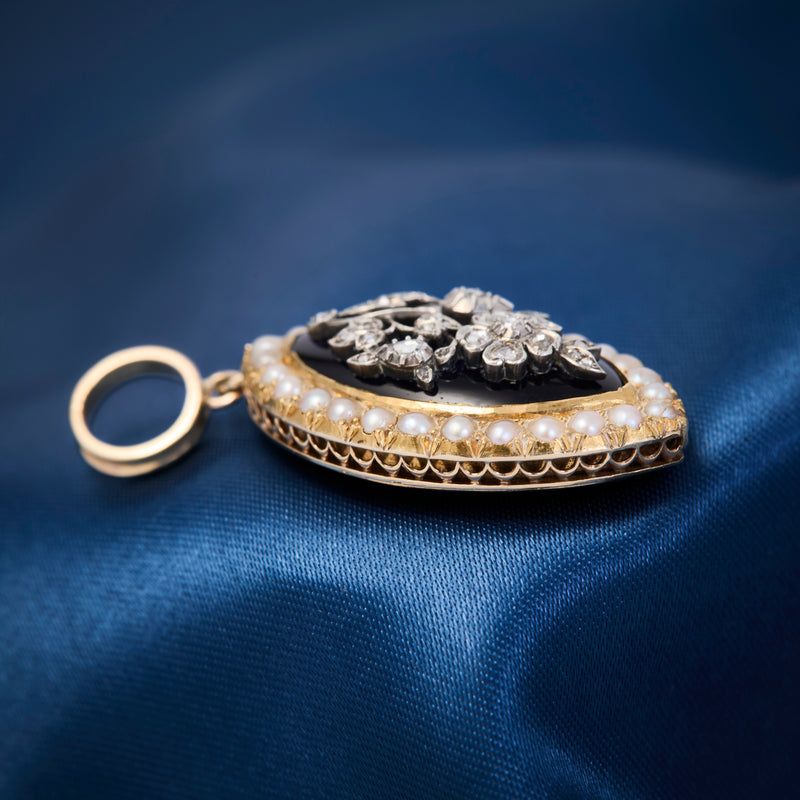 Georgian Bristol Blue Enamel 18ct Gold & Silver Diamond & Pearl Pendant, Circa 1780-1820