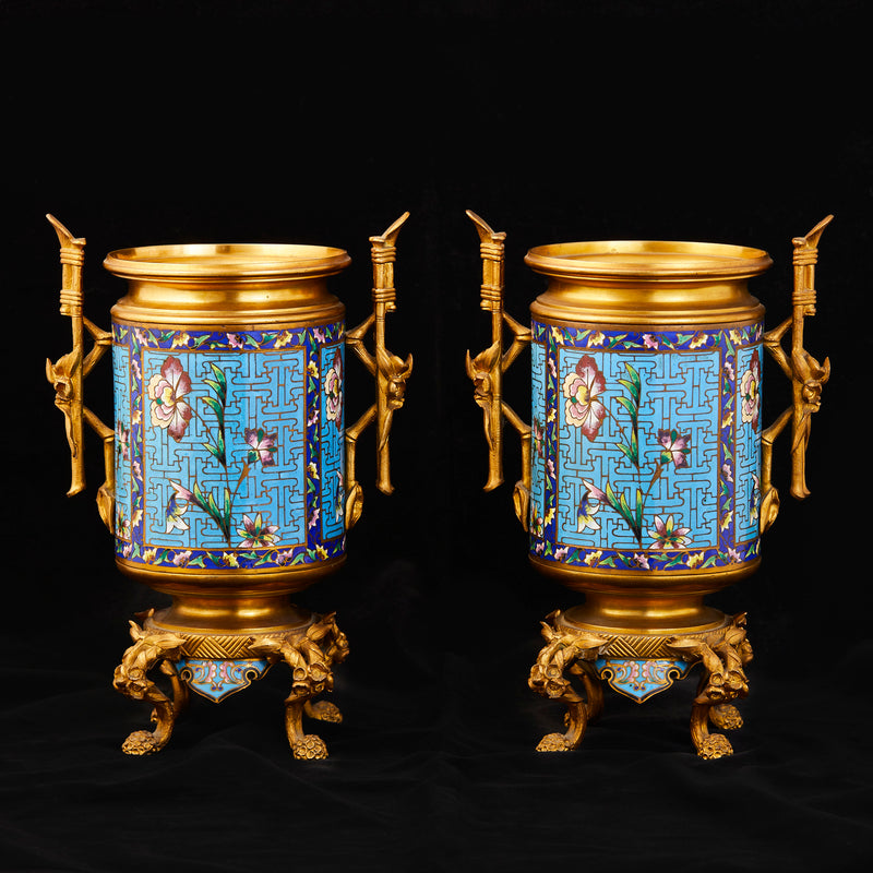 A Pair of French Aesthetic Movement Japonaise Gilded Bronze Urns