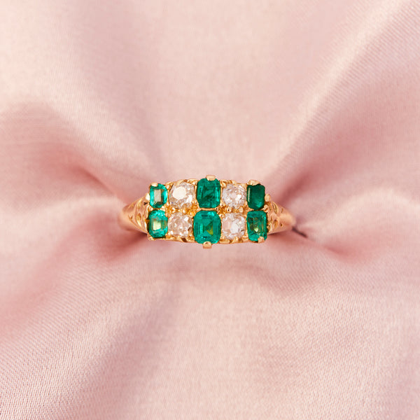 Victorian Emerald & Diamond Double Row Gold Ring