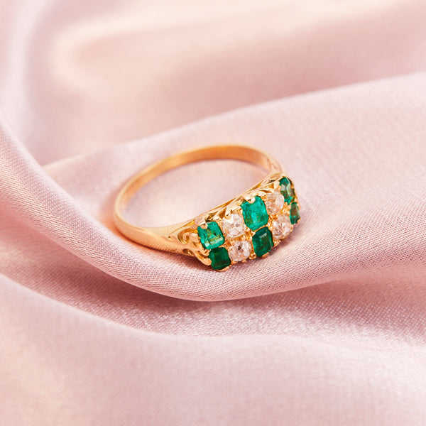 Victorian Emerald & Diamond Double Row Gold Ring