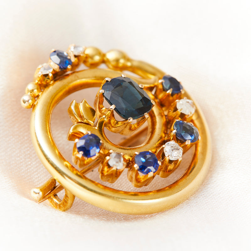 Antique Imperial Russian Gold Sapphire & Diamond Brooch