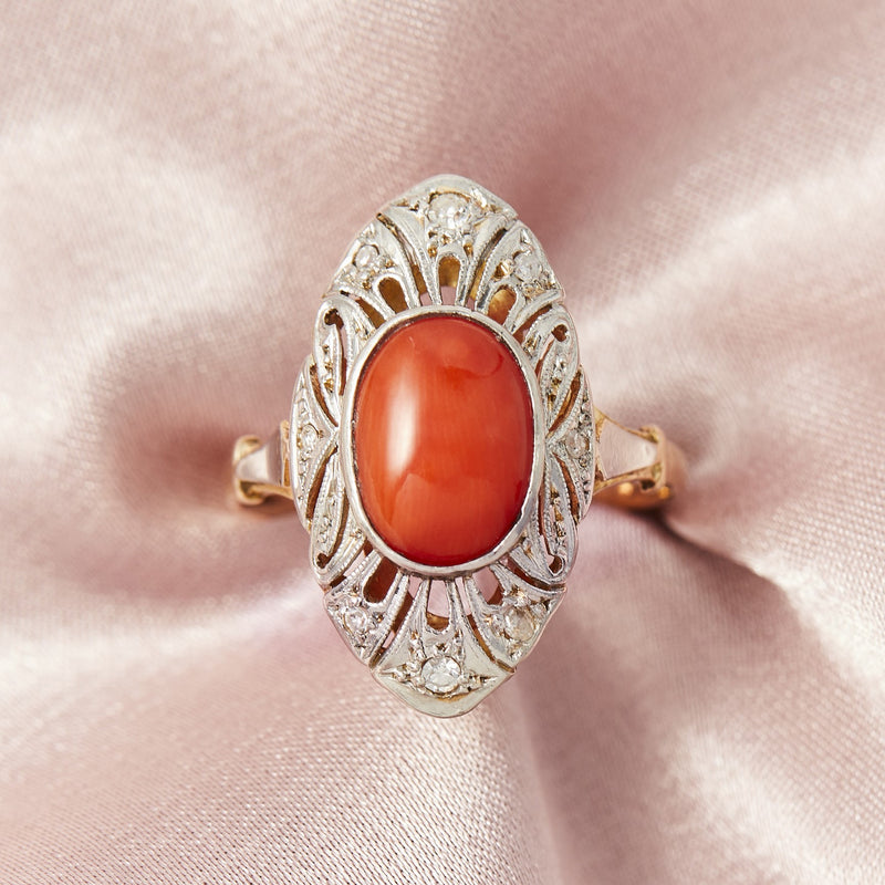 Vintage 18ct Yellow & White Gold Coral & Diamond Ring