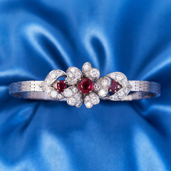 Rene Kern Vintage White Gold Ruby & Diamond Flower Bracelet