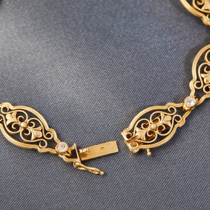 French Antique 18ct Yellow Gold and Diamond Filigree Bracelet