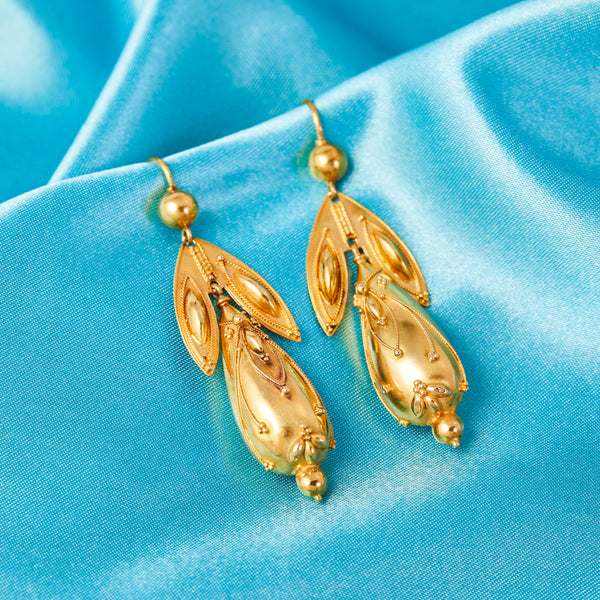 Etruscan Revival Victorian Gold Drop Earrings