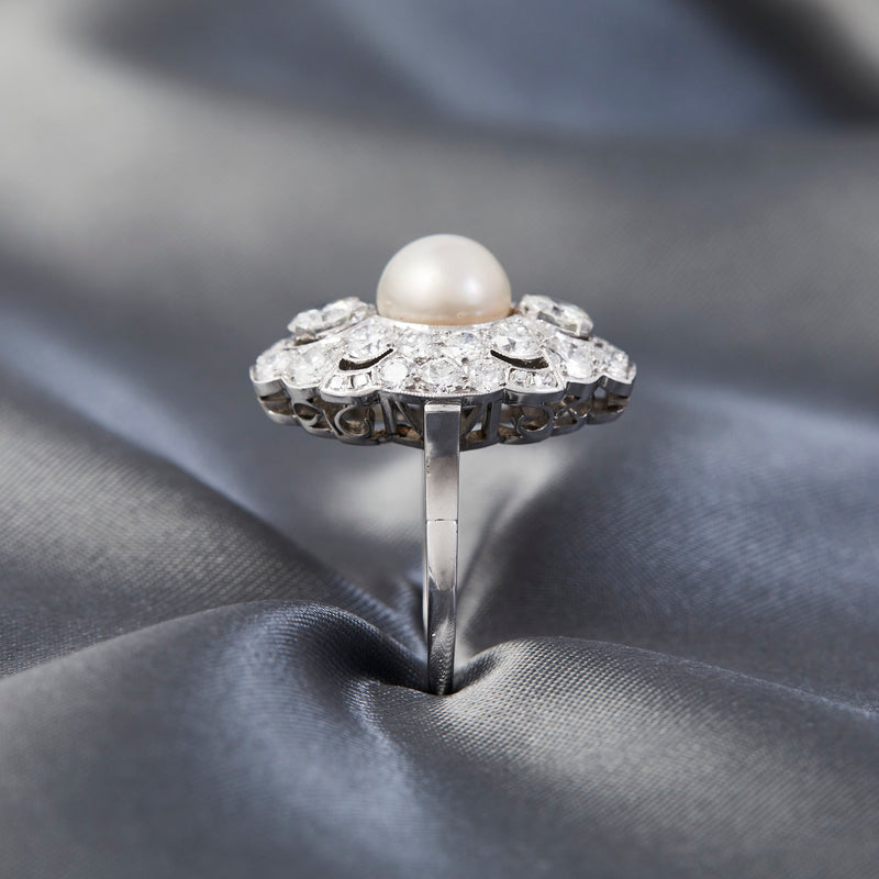 Art Deco Platinum Pearl & Diamond Ring