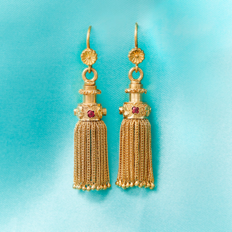 Rare Vintage French Yellow Gold & Ruby Tassel Drop Hook Earrings