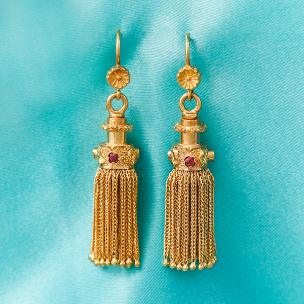 Rare Vintage French Yellow Gold & Ruby Tassel Drop Hook Earrings
