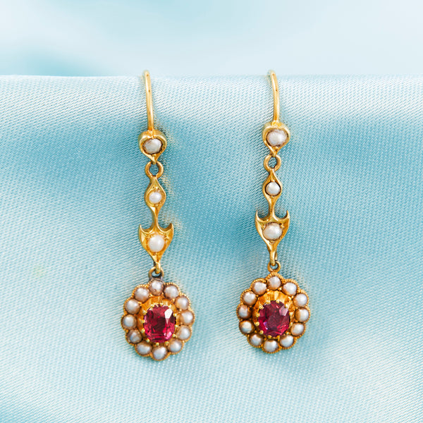 Edwardian 15ct Yellow Gold Spinel & Pearl Drop Earrings