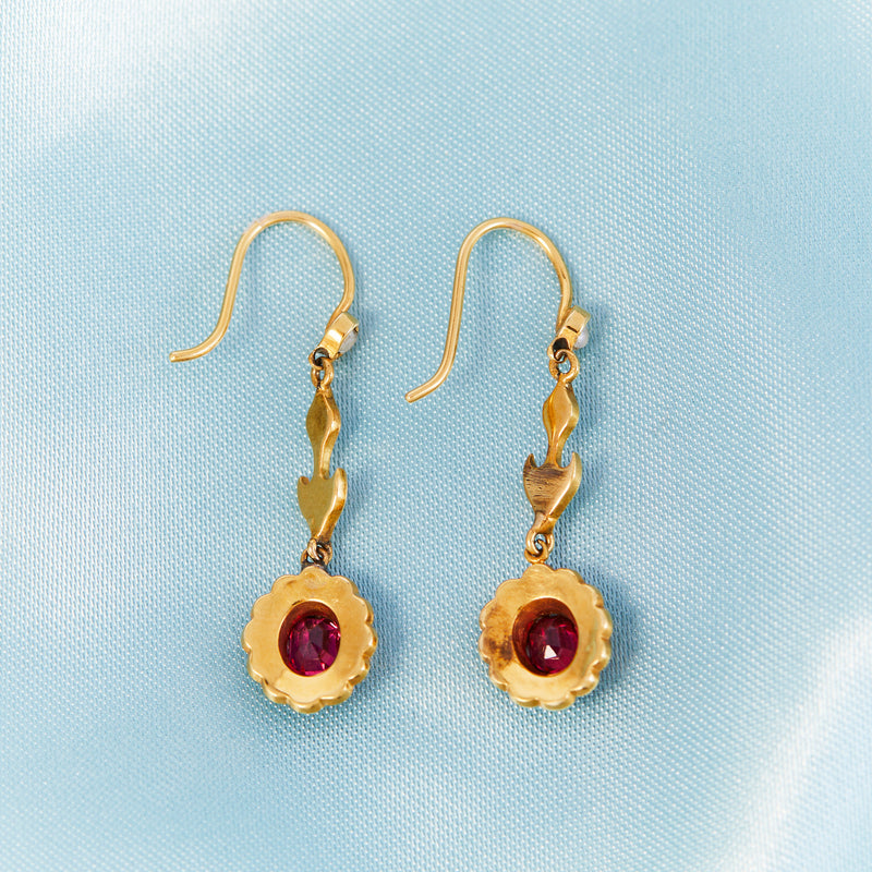 Edwardian 15ct Yellow Gold Spinel & Pearl Drop Earrings