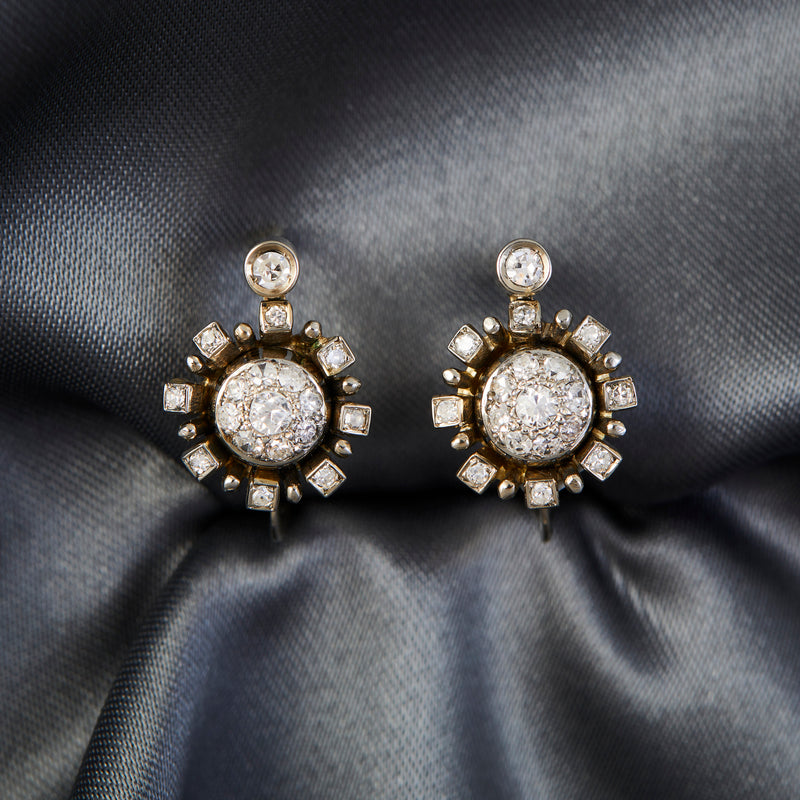 Vintage 18ct Yellow & White Gold Diamond Cluster Earrings