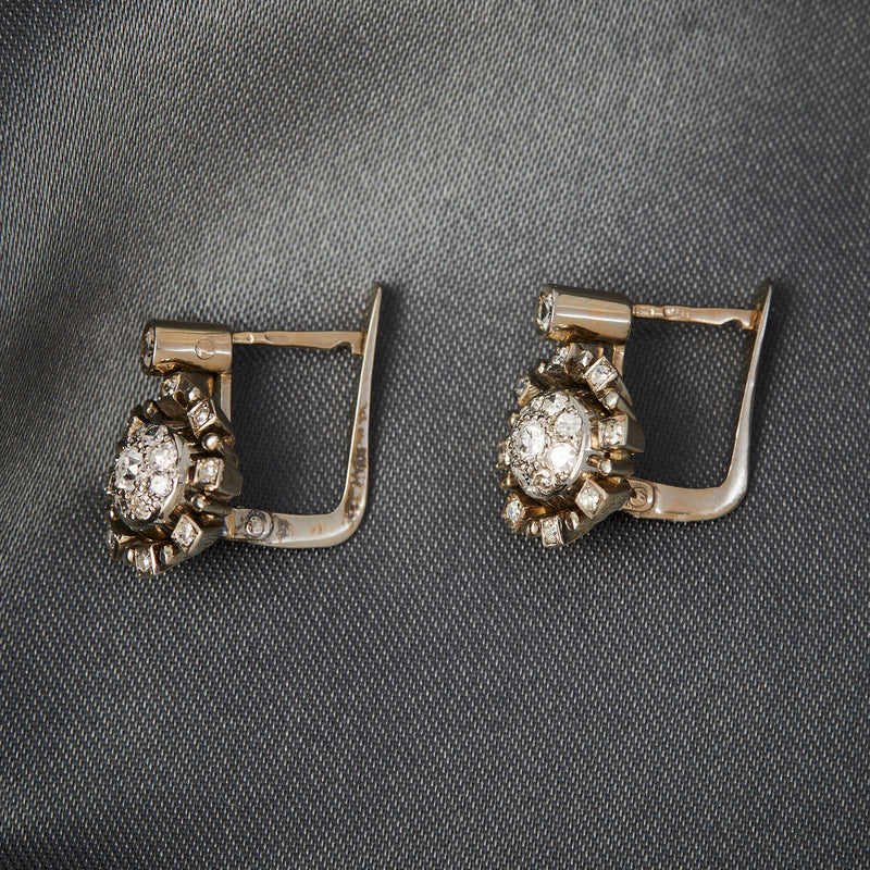 Vintage 18ct Yellow & White Gold Diamond Cluster Earrings