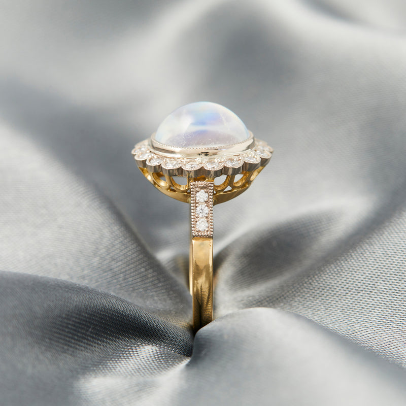 Moonstone & Diamond Cluster Ring In 18ct Yellow & White Gold