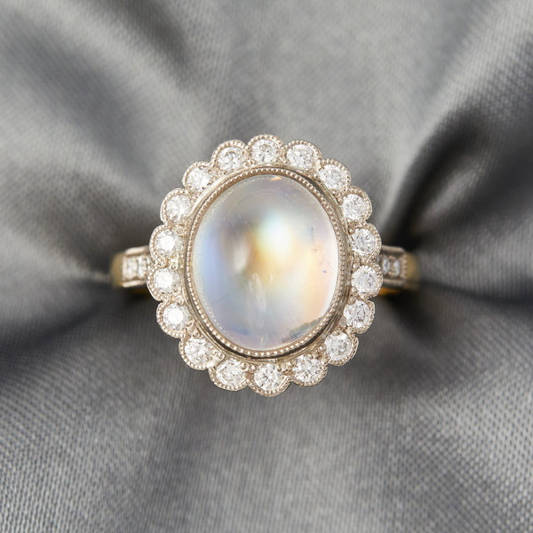 Moonstone & Diamond Cluster Ring In 18ct Yellow & White Gold