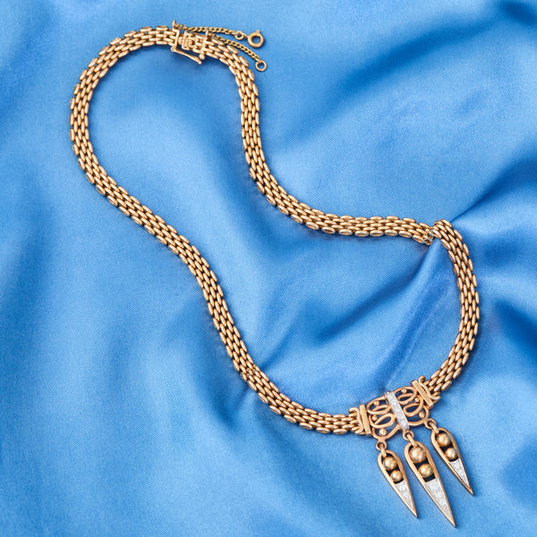 Retro Panthere Style 18ct Yellow Gold & Diamond Spear Drop Necklace, Circa 1940.